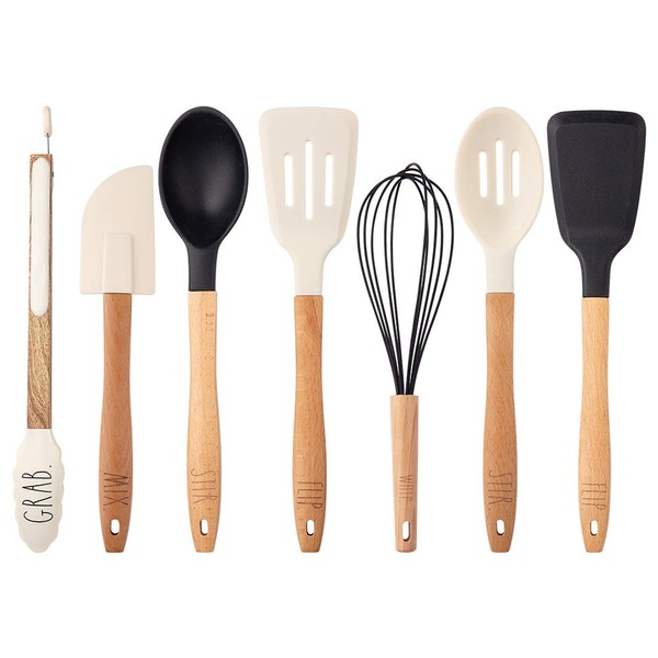 Rae Dunn Everyday Collection 7 Piece Kitchen Utensil Set-Stainless Steel and Silicone Kitchen Tools with Wooden Handles- (Black and White)