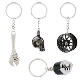 BETESSIN 4pcs Schlüsselanhänger Turbolader Auto Keychain Turbo Anhänger Autoteile Mini Deko Schlüsselbund mit O-Ring Schraubenschlüssel Radnabe Shifter Schraubstock Vater Opa Geburtstag Geschenk