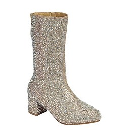 ABSOLEX Girl's Rhinestone Round Toe Knee High Chunky Low Heel Boot, Champagne, 3