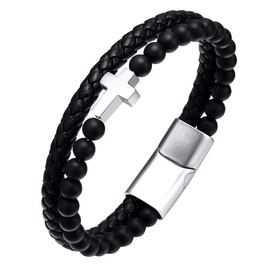 YL Mens Christian Cross Leather Bracelet Black Nature Stone Beaded Bracelet 18k White Gold Plated Double Row Braided Bangle Wristband Jewelry