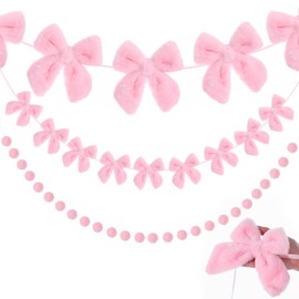 Suncalla 2 Pcs Pink Bow Banner Decor Felt Ball Pom Pom Garland 9.8 ft Long Ball Garland 6.5 ft Plush Bow Banner for Coquette Bachelorette Wedding Bridal Shower Birthday Party Decor