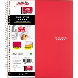 Five Star Spiral Notebook, 1 Subject, Wide Ruled Paper, 10-1/2" x 8", 100 Sheets, Assorted Colors, Color Will Vary, Office Product , 1 Count (05200)