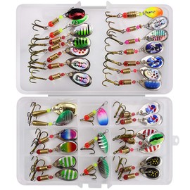 RoseFlower 31 Pieces Fishing Lure Kits Mixed Universal Artificial Soft Bait Sets Including Spinning Lures, Plastic Worms, Frogs, Single Hooks, Tackle Box - Freshwater Saltwater Fishing Equipment