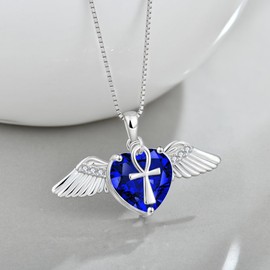 Veshon Angel Wings Necklace for Women, 925 Sterling Silver Cross Wings Pendant Love Heart Sapphire Birthstone Necklace Jewelry Birthday Christmas Gifts for Women Girlfriend