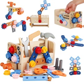 AOMACO Wooden Tool Set Educational Toy Carpenter Pretend Play Toy Portable Toolbox Transforms into a Workbench Assembly Play Hitting Twisting Imagination Creativity Boost Birthday Christmas Present