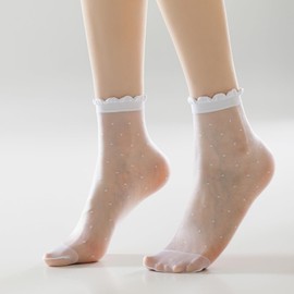 Mcool Mary 12 Pairs Women's Sheer Ruffled Socks Frilly Ankle High Nude Nylon Stocking Summer Ultra Thin Cool Silk Dot Socks for Women