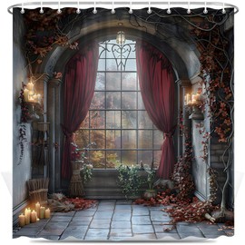 Gothic Shower Curtain Vintage Medieval Architecture Magic Castle Witchcraft Autumn Rustic Polyester Fabric Bathroom Decor Sets with Hooks 70X70 Inch