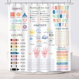 Imirell Kids Educational Shower Curtain 60Wx72H Inches Boho Watercolor Alphabet Pastel Numbers Shapes Colors Weather Knowledge Child Nursery Bathroom Home Decor Polyester Fabric 12 Plastic Hooks