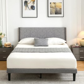 ZFAEUL Queen Size Platform Bed Frame with Fabric Upholstered Headboard and Strong Wooden Slats Support,Mattress Foundation,No Box Spring Needed,Easy Assembly (Light Grey, Queen)