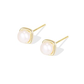 FOXNOV 14K Gold Plated Freshwater Pearl Earrings for Women, Sterling Silver Post Hypoallergenic Earrings, Square Design Minimalist Fashion Trendy Jewelry Gifts