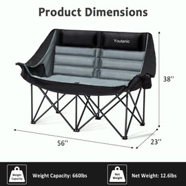 Youtanic Oversized Camping Chair, Double Folding Loveseat Camping Couch with Pocket, Cup Holder and Carry Bag, Heavy Duty Portable Camping Chairs for Adults, Fishing, Sports, Trip, up to 660lbs, Black