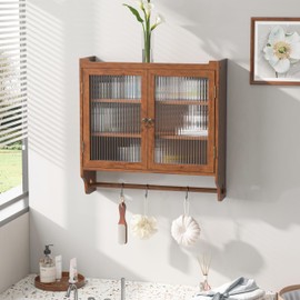 Vinsetto Vintage Glass Door Wall Cabinet, Double Door Design with Three Tiers of Storage and Towel Rack, 24.8", Brown