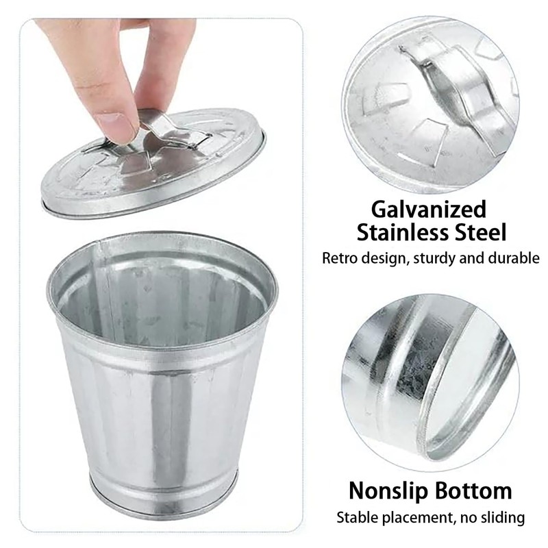 Tangseajiao Mini Galvanized Trash Can with Lid, Mini Wastebasket Small