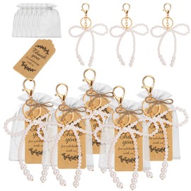 Ecation 20 Set Pearl Bow Keychain Party Favor Set Steel Aesthetic Keyring Charm Accessories Souvenir Present Kraft Tag Organza Bag for Guest Baptism Bridal Shower Wedding(White,Pearl Bow)