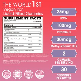 LILICARE Vegan Iron Supplement for Women 25mg, Sugar Free Iron Gummies with Vitamin C, Methy B12, Folate for Energy Boost, Anemia, Iron Deficiency, Non-Constipating, No After Taste, Peach Flavor, 60 Counts