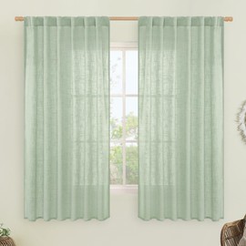 LAMIT Sheer Linen Curtains 63 Inch for Bedroom, Light Filtering Neutral Semi Sheer Farmhouse Boho Curtains Back Tab and Rod Pocket Living Room Panels, Fresh Green, 2 Panels, 52 x 63 Inch
