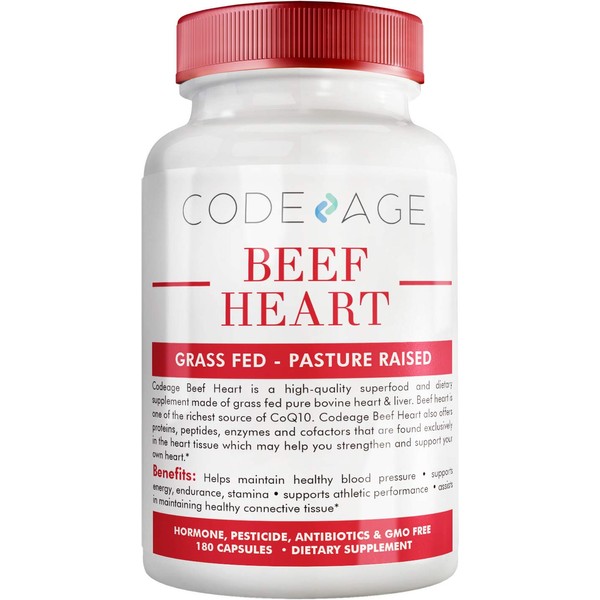 Codeage Grass Fed Beef Heart Supplement - Freeze Dried, Non-Defatted, Desiccated Beef Heart Glandular Supplements - Bovine Meat & Liver Pills –Argentina Beef Vitamins For Heart - Non-GMO -180 Capsules
