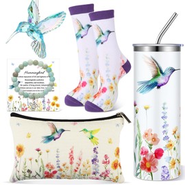 Patelai 5 Pcs Hummingbird Gift Set for Women Hummingbird Makeup Bag 20 oz Tumbler with Straw Novelty Sock Acrylic Ornaments Inspirational Bracelet Bird Lover Gift for Christmas Birthday (Wildflower)