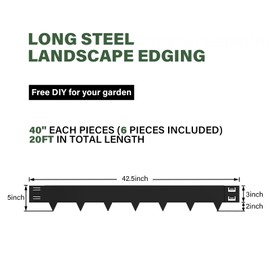 Galvanized Steel Landscape Lawn Edging 40 Inch Strips, Steel Edging 5 Inch Depth,6-Pack Black Bendable Metal Landscape Edging,Metal Edging for Landscaping (20FT Total Length)