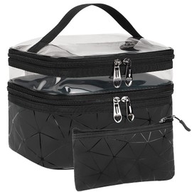 Large Capacity Travel Cosmetic Bag, 2Pcs Waterproof Double Layer Makeup Bags, Portable Toiletry Bag with Compartment for Men Women (Black)