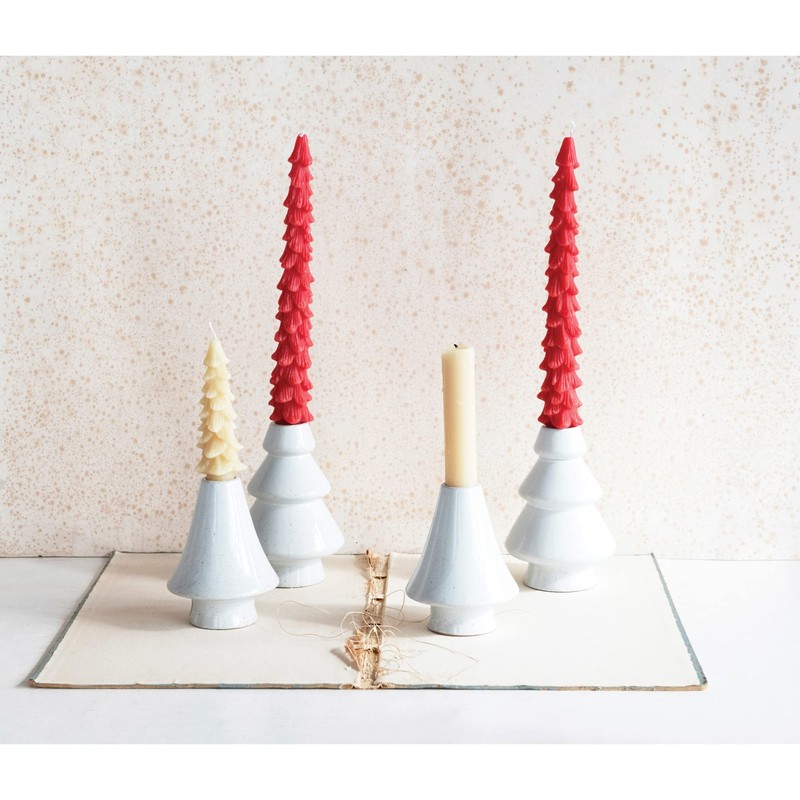 Creative Co-Op Stoneware Tree Taper Candle Holders, White, Set of