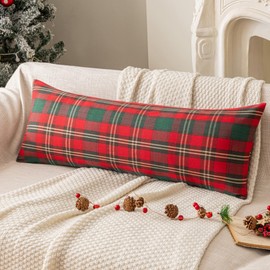 SINYASAN Set of 1 Red Christmas Scottish Plaid Throw Pillow Covers 14x36 Inch Green Woven Farmhouse Winter Decorative Pillow Covers with Gold Thread Holiday Accent Pillowcases for Sofa Couch Bed