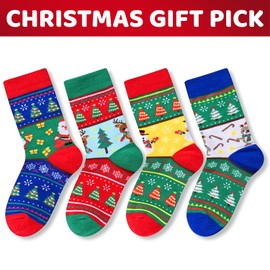 HAPPYPOP Christmas Gifts Stocking Socks for Girls Boys - Secret Santa Socks Xmas Stocking Stuffers for Little Kids, 4 Pack of Christmas Socks for 2t-3t