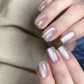 White Press on Nails Medium Almond Fake Nails with Cat Eye Designs Full Cover Glossy Acrylic Nails for Women 24PCS