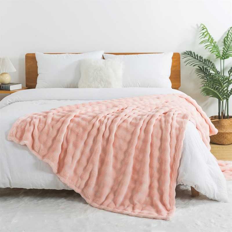 Wajade Fluffy Flannel Blanket Pink Bubble Faux Fur Bed Throw
