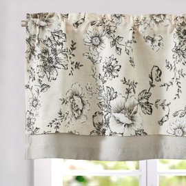 Vangao Linen Valance Curtain Farmhouse Black Floral Window Valance Christmas for Bedroom, 16 Inch Flower Small Valances for Kitchen Double Layer Window Topper Treatment Rod Pocket 1 Panel