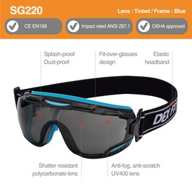DEX FIT Protective Safety Goggles SG220; Anti Fog & Scratch, Z87 Eye Protection for Lab, Science, and Chemistry Work, Adjustable for Women and Men, (Black & Blue Frame, Tinted Lens, 30cm Strap)