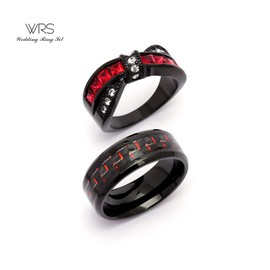 Wedding Ring Set His Hers Couples Matching Rings Women's Black Gold Filled Red Ruby CZ Wedding Engagement Ring Bridal Sets & Men's Stainless Steel Wedding Band