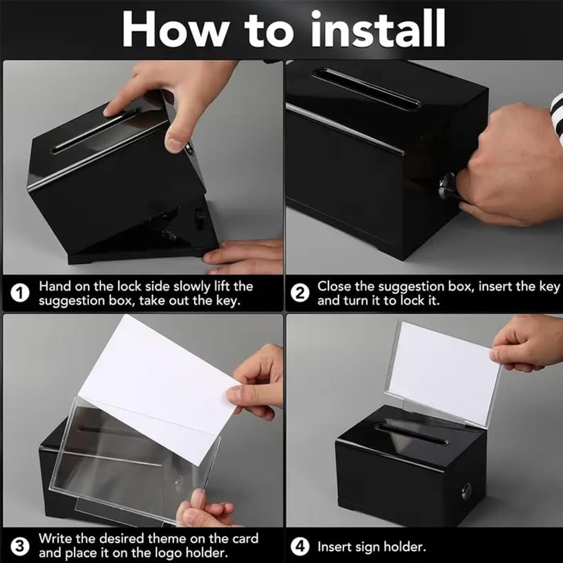 Black Acrylic Suggestion Box with Lock, Charity Collection Box, Donation
