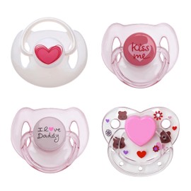Magnetic Pacifier 4 Pieces Pink Style Reborn Baby Dolls Feeding Toy Accessories Suitable for Kids Gifts (Pink Kissme+White Pink Heart+ILoveDaddy+Heart Bear Flower Pattern)