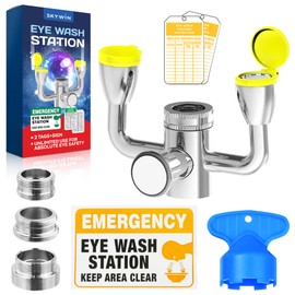 Skywin Eye Wash Kit Yellow - Push Style Eye Wash Units,Faucet Mounted Emergency Eye Wash Station Sink Attachment - Continuous Flow Eyewash Station with Common Sink Adapters and Inspection Tags