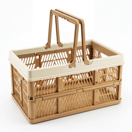 33L Collapsible Crate for storage, Plastic Milk Crate,17inch Collapsible Crates for Storage, Foldable Shopping Basket with Handles,Car Trunk Basket,for Kitchen(Brown)