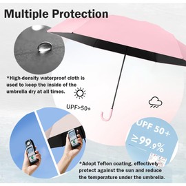Mini Travel Compact Folding Hook-shaped Handle Umbrella Small Portable UV 99.9% Protection/6 Ribs/Teflon Coating/Open Close/Anti Rain Sun/Lightweight Small Pocket/Handbag for Women Kids