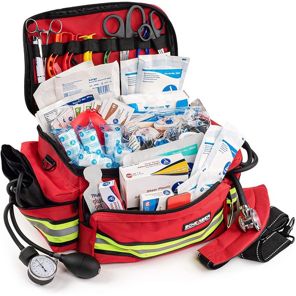 Scherber First Responder Bag | Fully-Stocked Professional Essentials EMT/EMS Trauma Kit | Reflective Bag w/8 Zippered Pockets & Compartments, Shoulder Strap & 200+ First Aid Supplies - Red