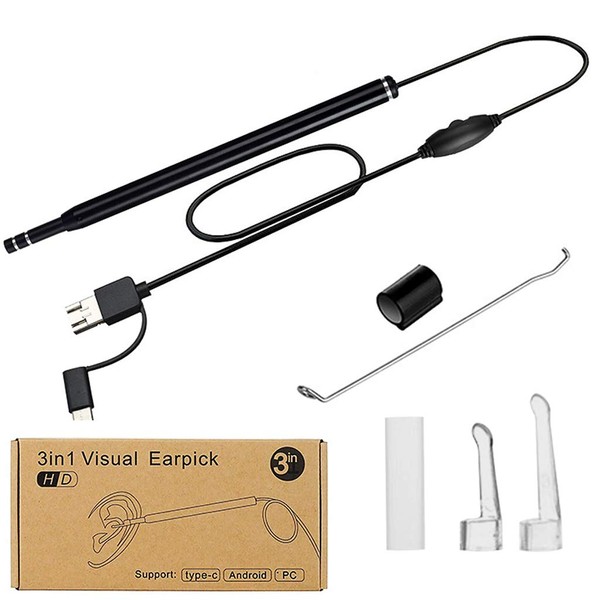 Ear Wax Removal - 3 in1 USB Earwax Removal Tool HD Ear Cleaner Endoscope with 6 LED Light, Earwax Remover Tool, Visual Ear Camera Ear Pick Cleaning Kit for Adults Kids Pets by Android Smart Phones