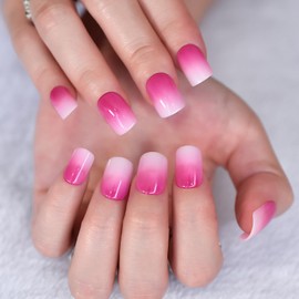 IKISKT Press On Nails - White French Tips | Rose Pink Gradient l UV Medium-short Square Shape False Fake Nails, Reusable Summer Glue | 10 Sizes - 24 Nail Kit