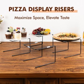 PUERSI 4 PCS Pizza Stand Holder with Non-Slip Pads, Black Metal Pizza Pan Display Stands, Food Platter Riser Serving Tray for Party Wedding