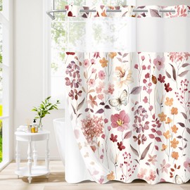 Litabel Extra Long No Hook Burgundy Watercolor Floral Shower Curtain and Liner Set, Flower Shower Curtains with Snap in Liner for Farmhouse Decor, Modern Botanical Bathroom Curtain with Leaves, 72x86