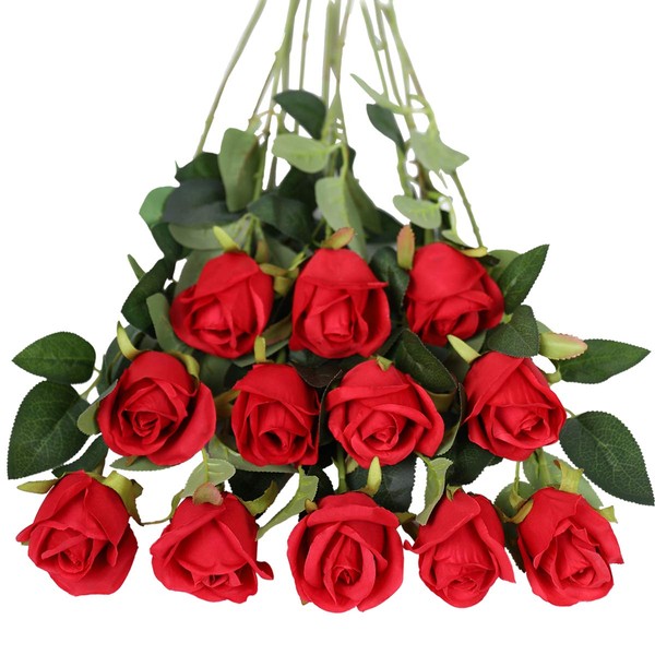 Tifuly Artificial Flowers,12 Pcs Single Long Stem Fake Rose Silk Flowers Faux Rose Bridal Bouquet Realistic Flower for Wedding Party Home Table Decoration Centerpieces(Bud Roses,Red)
