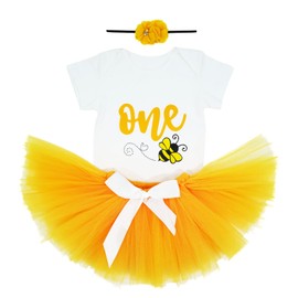 Gouldianfinch Infant Baby Girls 1st Birthday Outfits Bee Printed Romper with Headband + Tutu Skirt with Bowknot Toddler Princess Dress(Bee, 9-12 Months)
