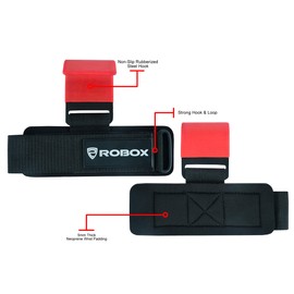 ROBOX Weight Lifting Hooks - Non-Slip Rubber Coated Rod Grip Hooks with Thick Padded Wrist Wraps for Powerlifting, Weightlifting, Deadlifts, Pull ups, Gym for Men and Women (Pair) (Red)