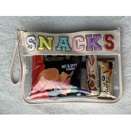 TopTTanBo Chenille Letter Clear Bag Purse Multi-purpose Transparent Waterproof Snacks Makeup Tote Bag with Wrist Strap (Small beige-SNACKS)