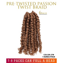 Miss Sula Passion Twist Hair-Pre-twisted Passion Twists,Pre-Looped Crochet Braids Made Of Bohemian Hair Synthetic Braiding Hair Extensions (6 Inch(Pack of 8), 27#)