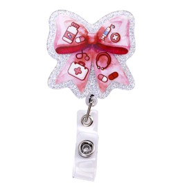 Pink Bow Badge Reel, Cute ID Card Badge Holders Retractable Bow-Knot Name Tag Nurse Badges Clips Women Accessories for Nursing Student Doctor Teacher Gifts