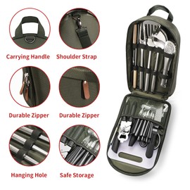 Portable 27 Piece Camping Cookware Kit - Stainless Steel Grilling Utensils for Travel, Picnics, RVs, BBQs, Parties and More