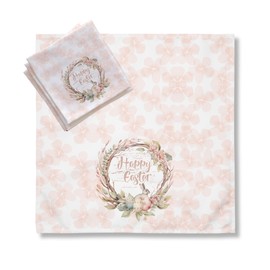 Easter Cloth Napkins, 20 x 20 inches, Set of 4, Happy Easter Bunny Design, Pink Floral Pattern